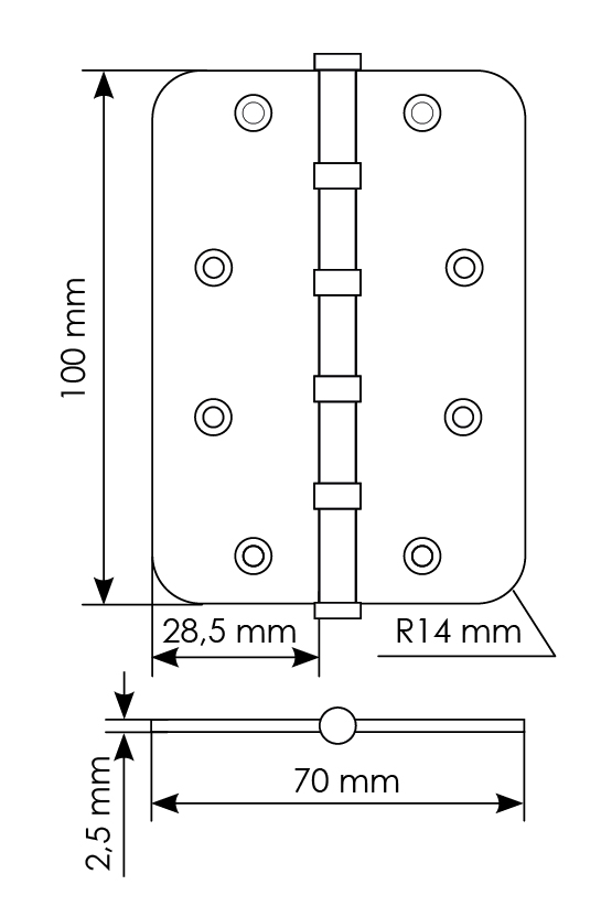 Петля стальная MSN-C 100X70X2.5-4BB SG скругленная универсальная с подшипником, вес полотна до 40 кг, цвет матовое золото фото купить в Астрахани